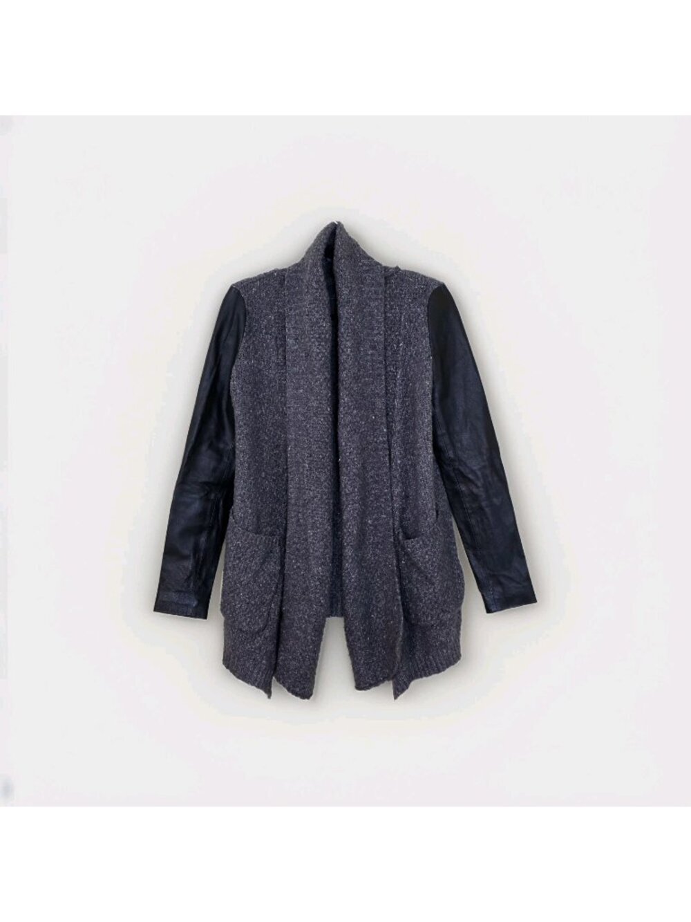 Line Knitwear Mixed Media Cardigan M Grey Flecked Chunky Knit Leather LS Edgy